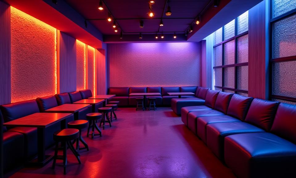 ナイトクラブのラウンジエリアが柔らかなムード照明で照らされている