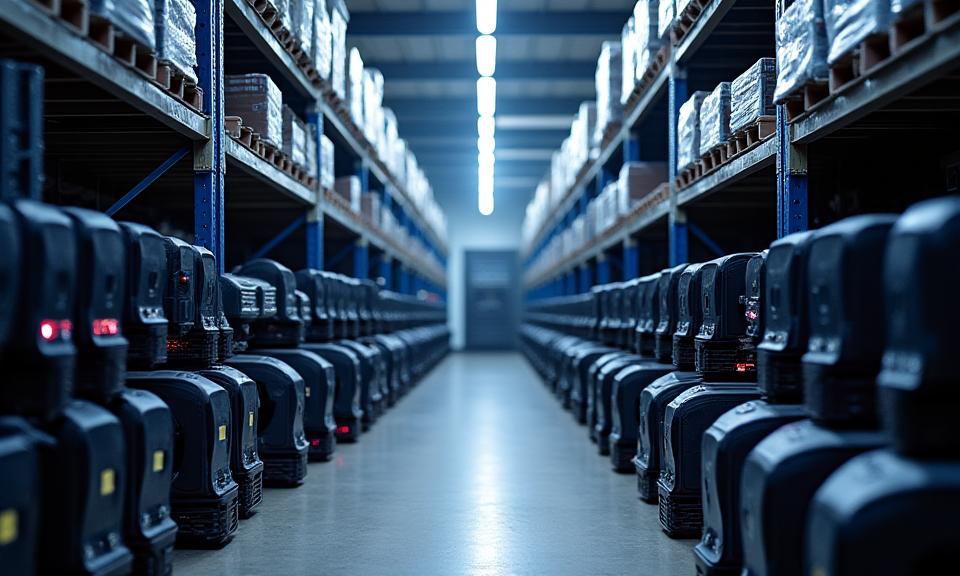 倉庫に整然と並べられたプロフェッショナルな照明機材