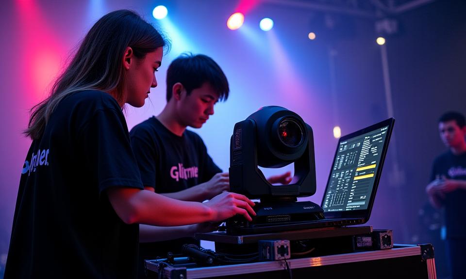 イベント会場で照明機材を調整するテクニカルチームのメンバー